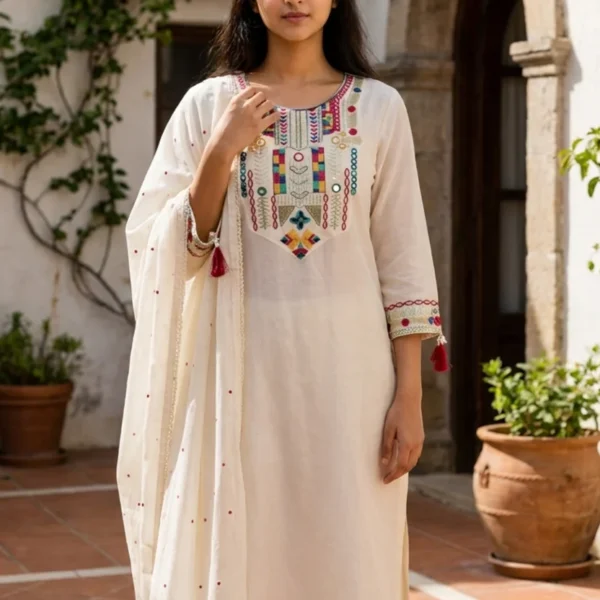 White Embroidered Chanderi Silk Suit Set