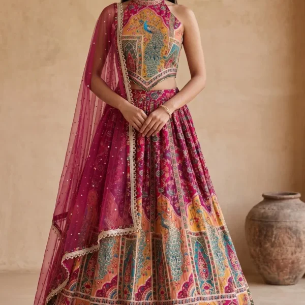 Multicolor Stone Embroidered Crepe Printed Designer Lehenga with Halter Neck Blouse-AB2394