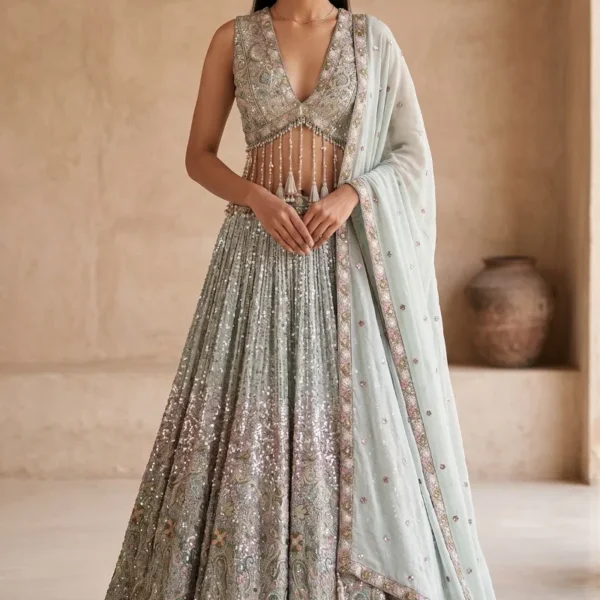 Sea Blue Sequins Embroidered Georgette Designer Lehenga with V Neck Blouse-AB2850