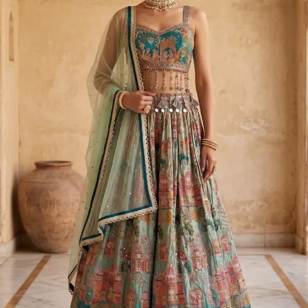 Blue Printed Designer Lehenga with Embroidered Strap Sleeve Blouse-AB2894