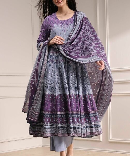 Lilac Cotton Printed Anarkali Suit Set