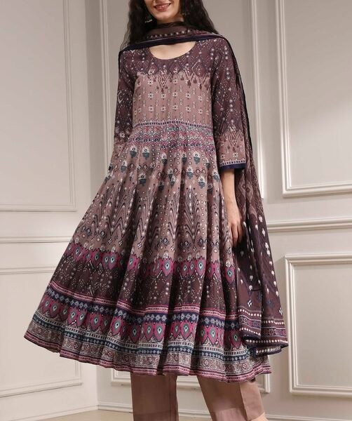 Mud Brown Cotton Printed Anarkali Suit Set