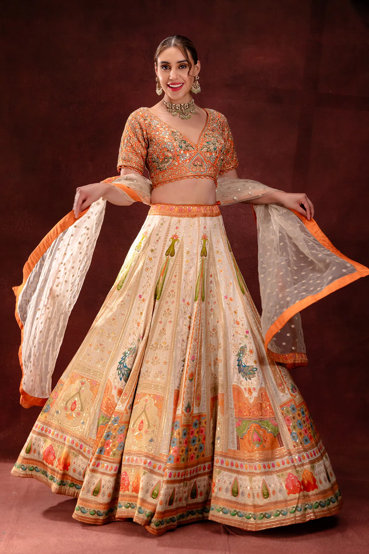 beige-umbrella-style-silk-bridesmaids-lehenga-with-elbow-sleeve-blouse-gl3909
