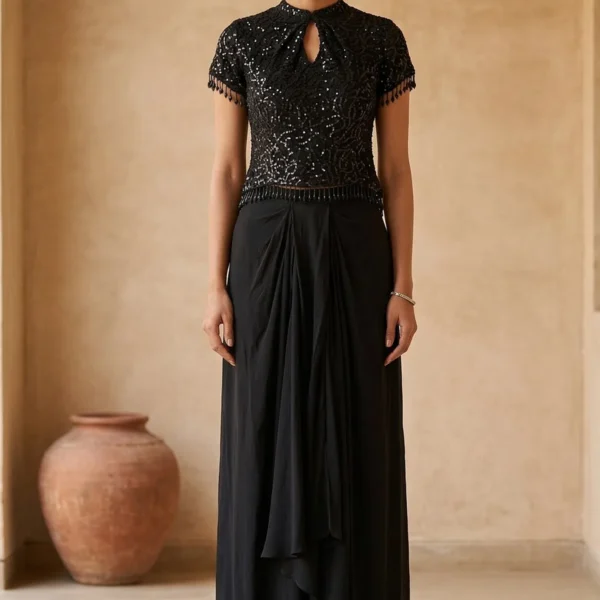 Black Sequins Embroidered Georgette Drape Style Salwar-JL2336