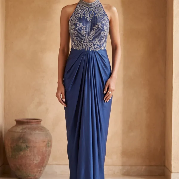 Blue Sequins Embroidered Satin Draped Style Salwar Kameez-AB2186