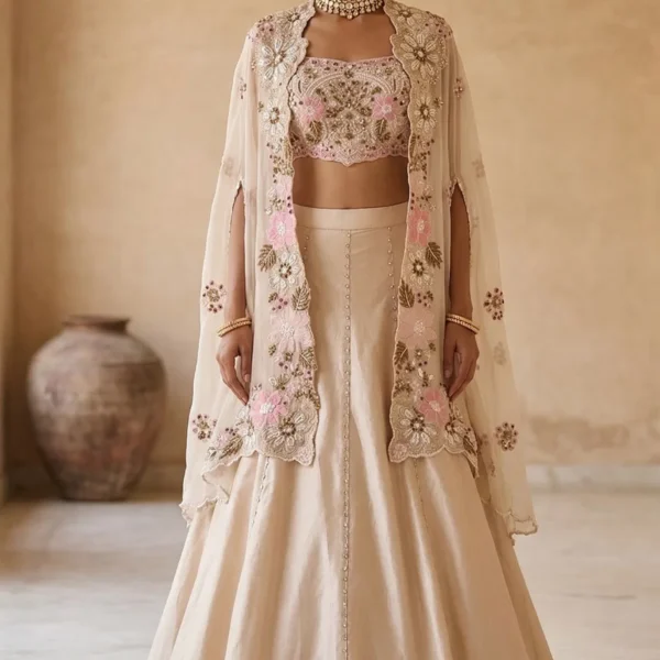 Cream Panel Style Silk Sangeet Lehenga with Embroidered Cape-JL1873