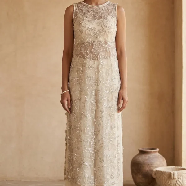 Cream Sequins Embroidered Crepe Palazzo Suit with Jewel Neck-JL2222