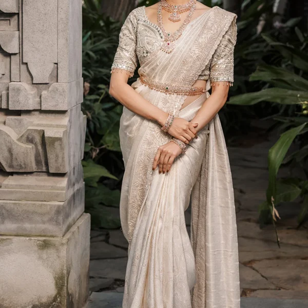 Cream Zari Woven Brocade Designer Saree with Unstitched Blouse-SR27959