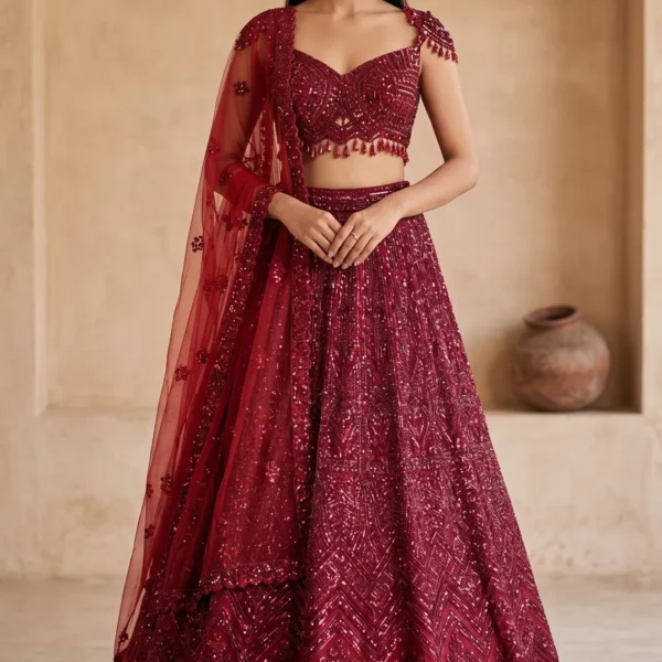 Dark Red Net Sangeet Lehenga with Embroidered Strap Sleeve Blouse-JL4505