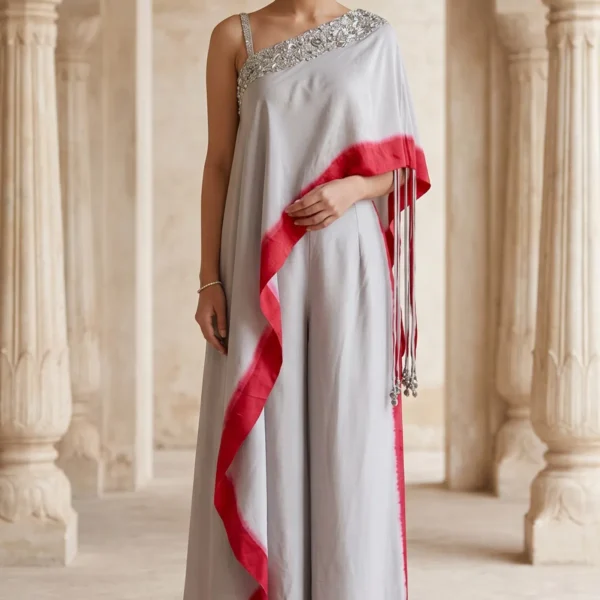 Grey and Pink Sequins Embroidered Silk Palazzo Suit-AC1091