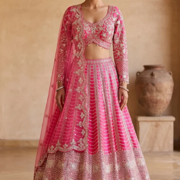 Hot Pink Mirror Embroidered Silk Designer Lehenga with Ful Sleeves Blouse-AA3559