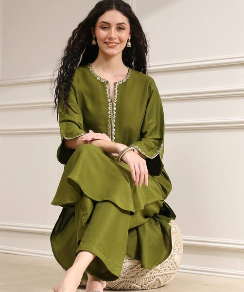 Olive Green Dyed Straight Kurta Set
