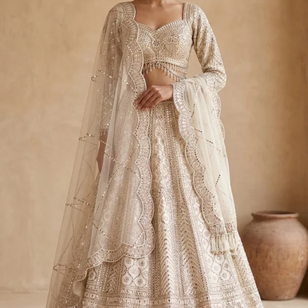 Light Cream Mirror Embroidered Silk Designer Lehenga with Readymade Full Sleeves Blouse-JK3223