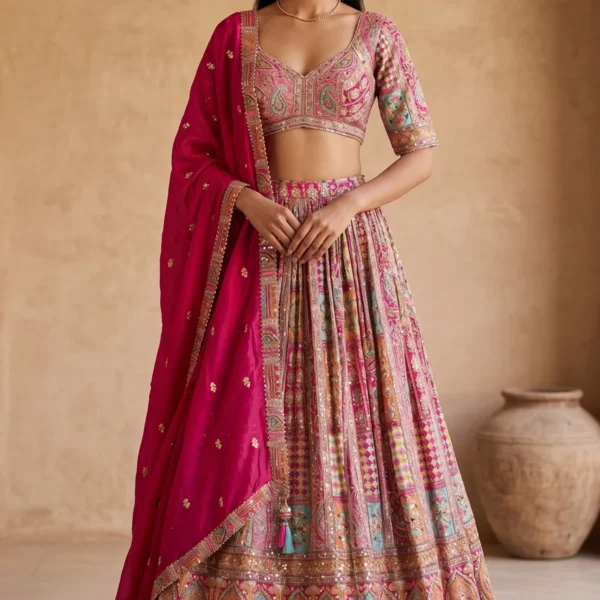 Multicolor Printed Crepe Designer Lehenga with Embroidered Elbow Sleeve Blouse-AC2933