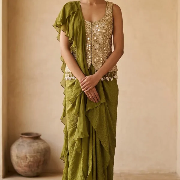 Olive Green Bead Embroidered Silk Designer Salwar with Pentagon Neck-JL4049