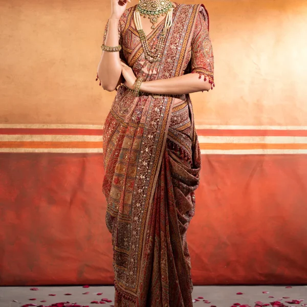 Orange Printed Georgette Designer Saree with Embroidered Readymade Blouse-SR27997