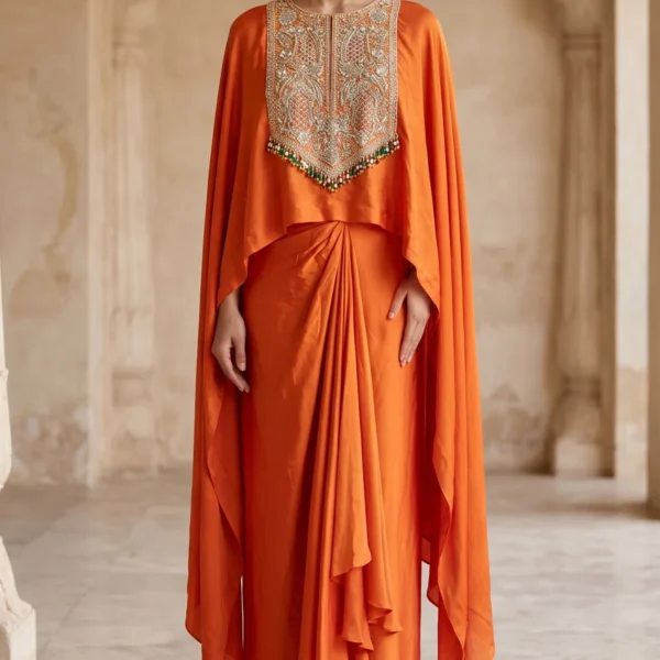 Orange Zardosi Embroidered Satin Designer Drape Skirt Set-AB2966