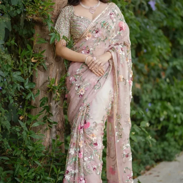 Peach Pink Organza Designer Saree with Elbow Sleeves Readymade Blouse-SR27802
