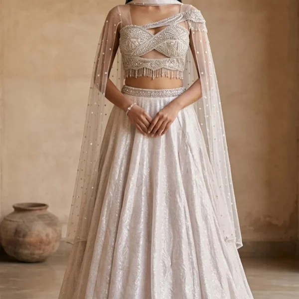 Silver Organza Designer Lehenga with Embroidered Strap Sleeve Blouse-AC2185