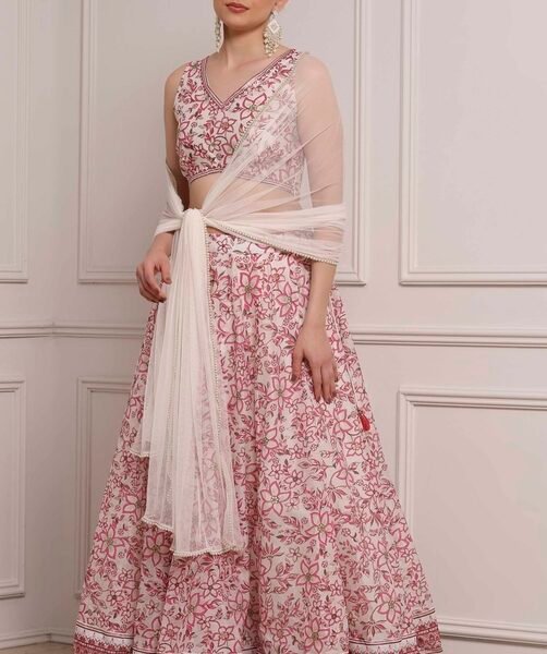 Ivory & Pink Poly Chanderi Floral Printed Lehenga Set