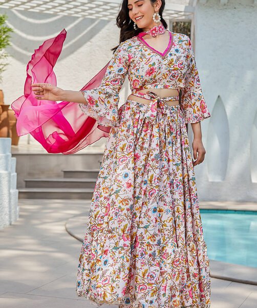 Sale Off-White & Pink Floral Printed Flared Lehenga Set