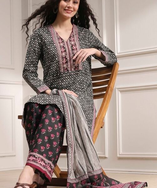 Black Cotton Printed Straight Suit Set