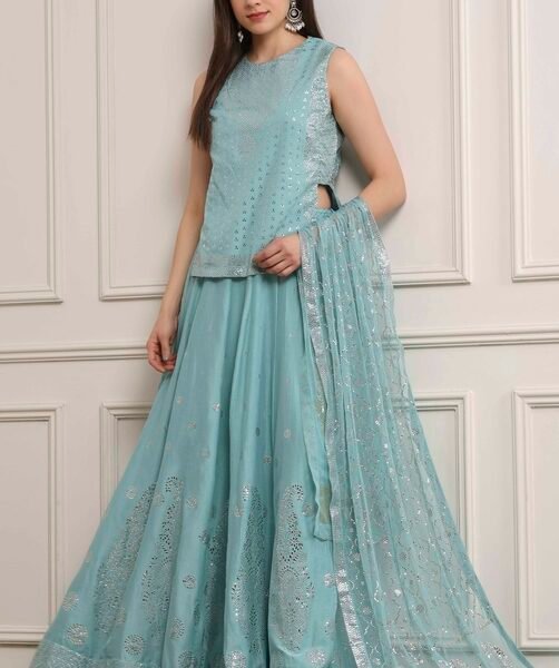 Blue Cotton Printed Lehenga Set