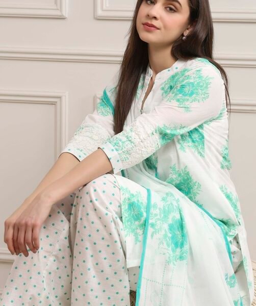Sea Green and White Cotton Printed Straight Salwar Suit Set