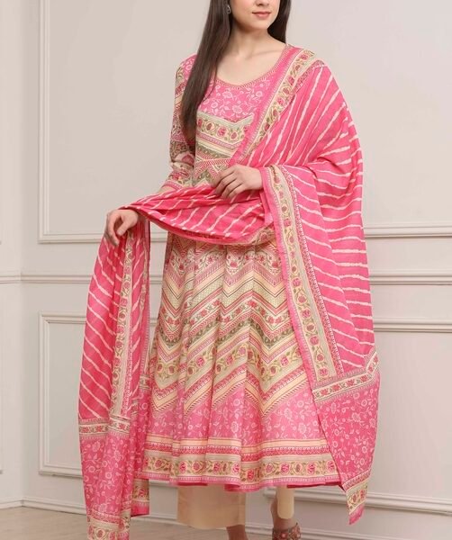 Pink Cotton Printed Anarkali Suit Set