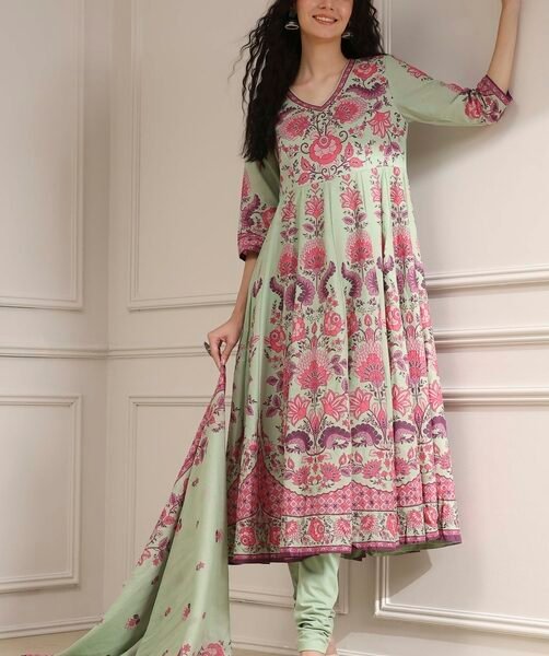 Sage Green Cotton Printed Anarkali Suit Set