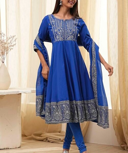 Sale Blue Cotton Embroidered Anarkali Suit Set