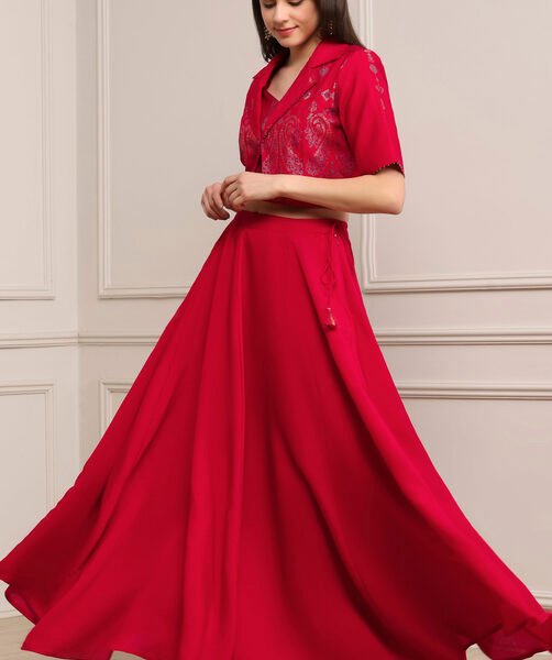 Fuchsia Viscose Rayon Printed Kalidar Lehenga Set