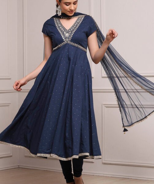 Blue Cotton Yoke Design Flared Suit Set