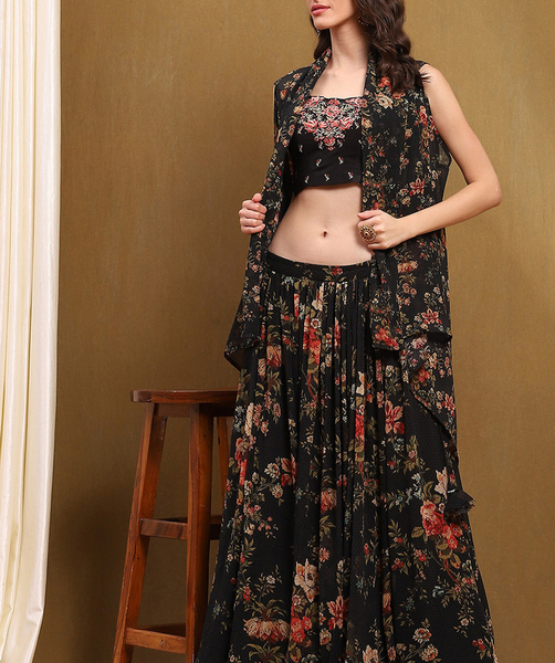 Black Georgette Floral Printed Flared Lehenga Set