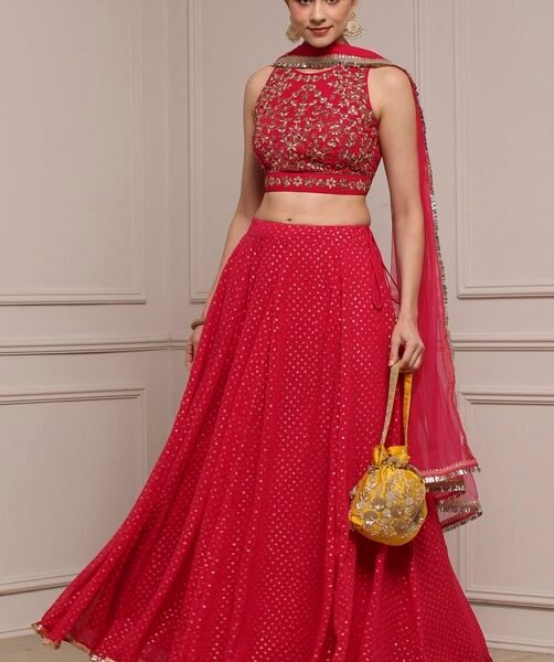 Fuchsia Poly Georgette Embroidered Lehenga Set