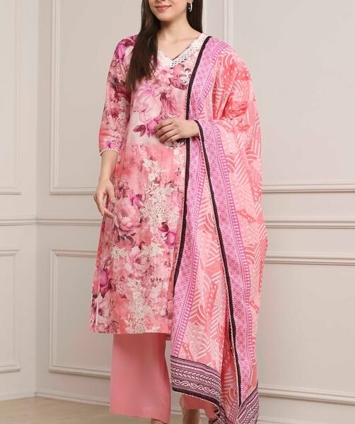 Pink Cotton Floral Printed Straight Suit Set