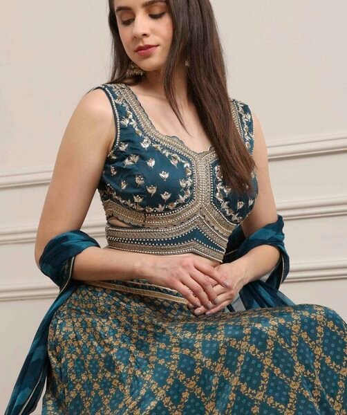 Teal Cotton Blend Printed Embroidered Lehenga Set