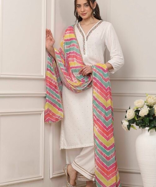 White & Pink Yoke Design Straight Suit Set