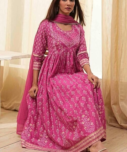 Onion Pink Cotton Printed Anarkali Suit Set