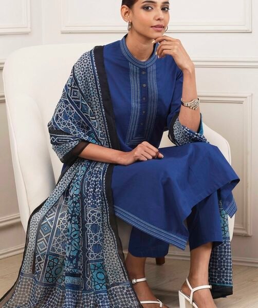 Indigo Cotton Solid Straight Suit Set