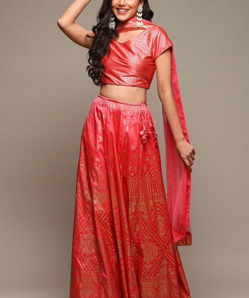 Coral Pink Cotton Blend Lehenga Set