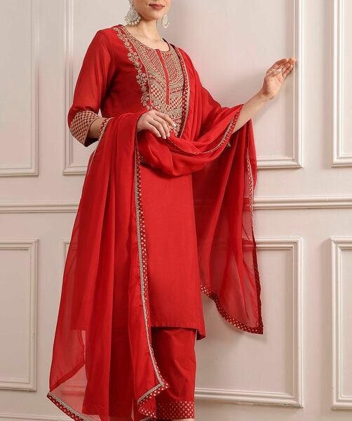 Red Embroidered Art Silk Straight Suit Set