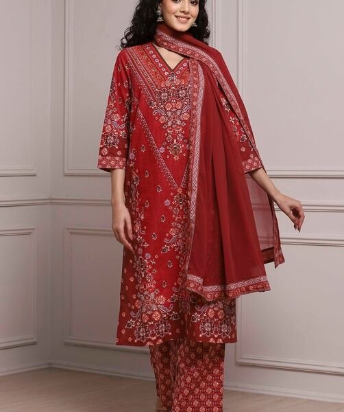 Red Cotton Printed Straight Suit Set
