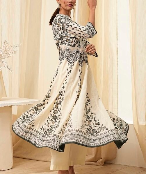 Sale White and Black Cotton Printed Anarkali Kurta Set